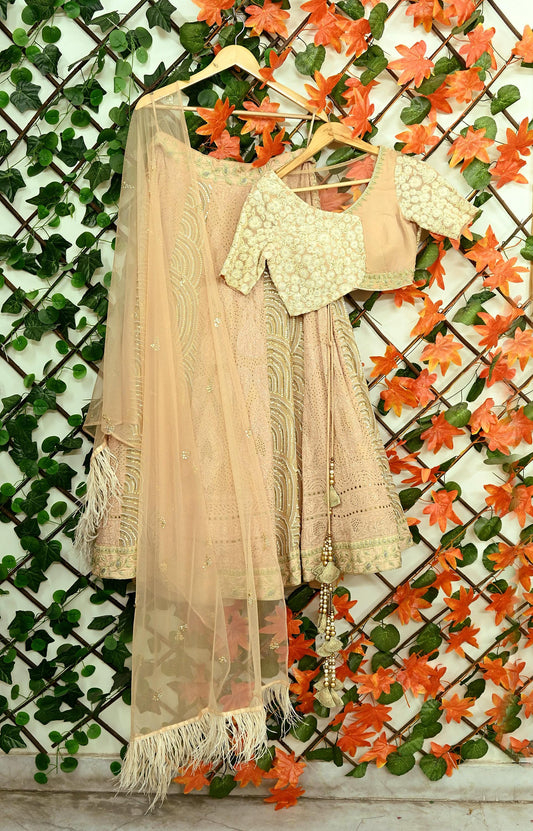 Indian Pre-owned Heavy Hand Embroidered Chikankari/Mukesh Lehenga/Dupatta/Choli 3pcs Set By Designer Abu Jani Pure Georgette Silk