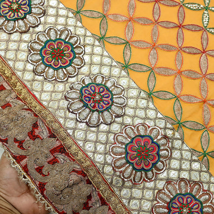 Indian Pre-Owned Heavy Hand Embroidered By Designer Anamika Khanna Dupatta Saffron Pure Georgette Silk  Wedding/Party