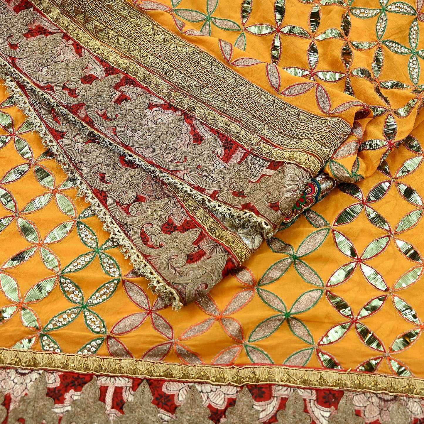 Indian Pre-Owned Heavy Hand Embroidered By Designer Anamika Khanna Dupatta Saffron Pure Georgette Silk  Wedding/Party
