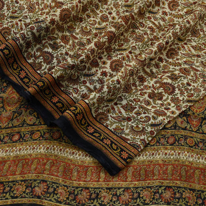 Indian Women Vintage Beige & Black Saree Pure Chiffon Silk Printed Sari Craft Fabric Sewing 5Yard Soft Light Sari Dress Making