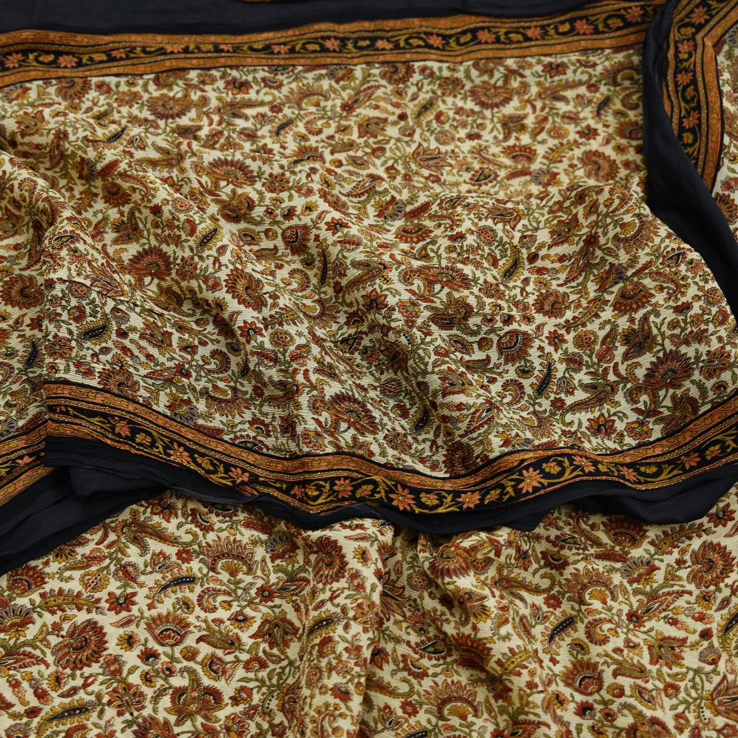 Indian Women Vintage Beige & Black Saree Pure Chiffon Silk Printed Sari Craft Fabric Sewing 5Yard Soft Light Sari Dress Making