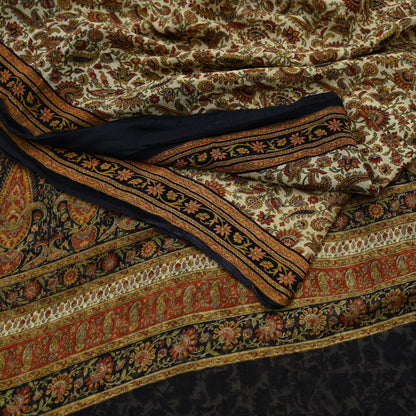 Indian Women Vintage Beige & Black Saree Pure Chiffon Silk Printed Sari Craft Fabric Sewing 5Yard Soft Light Sari Dress Making