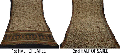 Indian Women Vintage Beige & Black Saree Pure Chiffon Silk Printed Sari Craft Fabric Sewing 5Yard Soft Light Sari Dress Making