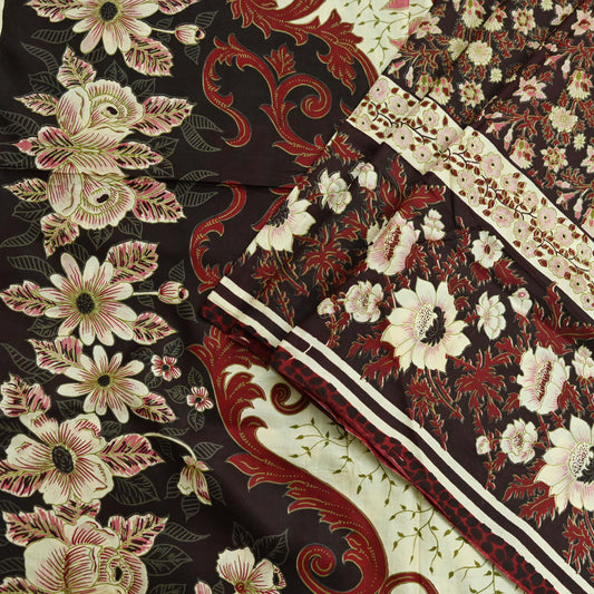 Vintage Sari Brown & Ivory 100% Pure Silk Printed Saree Craft Fabric 6yd Sewing Floral Soft Dress Designing for Crafting Quilting Upcycle