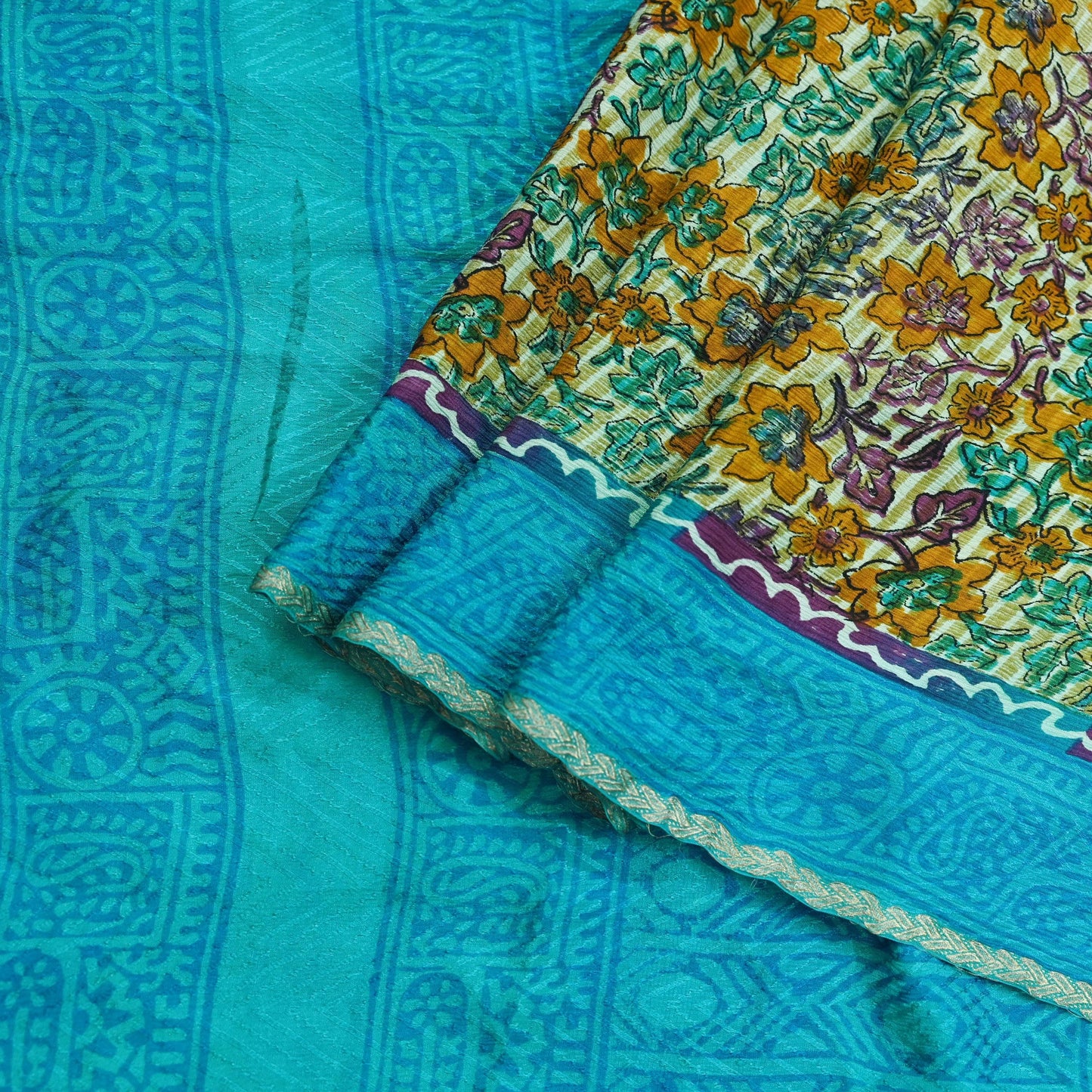 Indian Vintage Beige & Blue Saree Pure Silk Printed Sari 5yd Sewing Craft Fabric Dress Making Soft Wrap Dress Designing Zari Border Upcycle