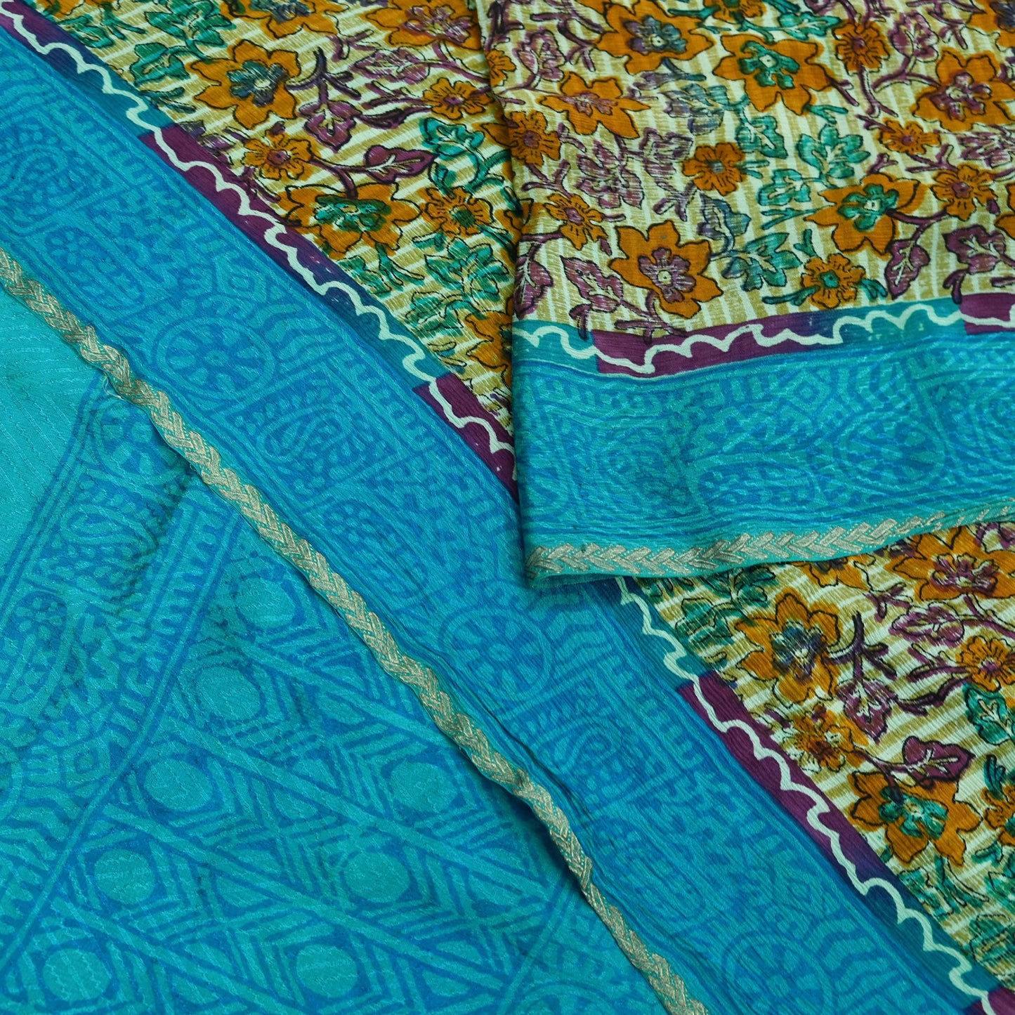 Indian Vintage Beige & Blue Saree Pure Silk Printed Sari 5yd Sewing Craft Fabric Dress Making Soft Wrap Dress Designing Zari Border Upcycle