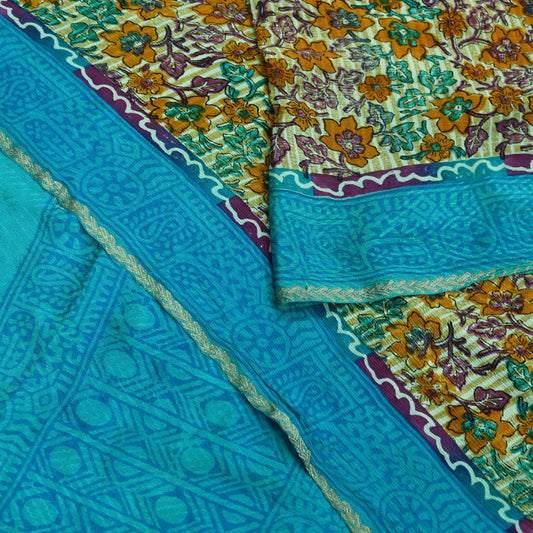 Indian Vintage Beige & Blue Saree Pure Silk Printed Sari 5yd Sewing Craft Fabric Dress Making Soft Wrap Dress Designing Zari Border Upcycle