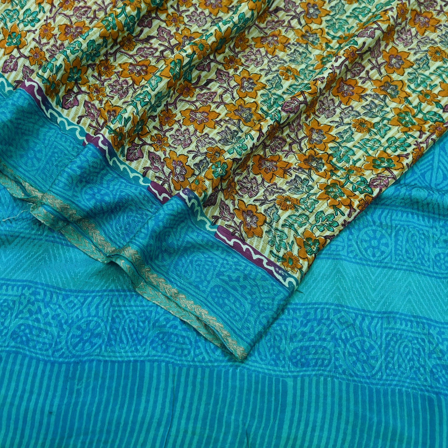 Indian Vintage Beige & Blue Saree Pure Silk Printed Sari 5yd Sewing Craft Fabric Dress Making Soft Wrap Dress Designing Zari Border Upcycle