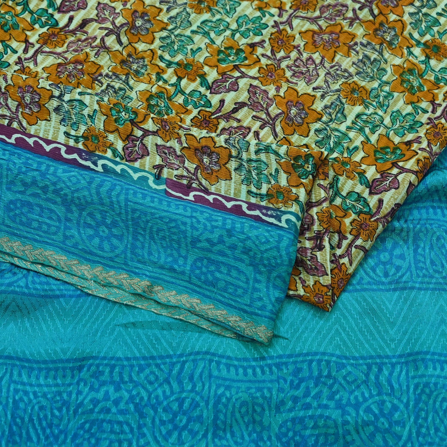 Indian Vintage Beige & Blue Saree Pure Silk Printed Sari 5yd Sewing Craft Fabric Dress Making Soft Wrap Dress Designing Zari Border Upcycle