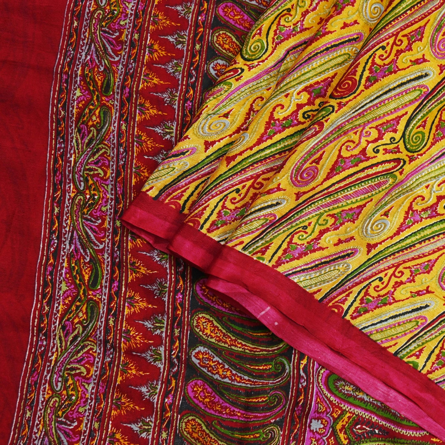 Indian Vintage Sari Red & Yellow Pure Silk Printed Saree Fabric 5yd Sewing Craft Fabric DressMaking Soft