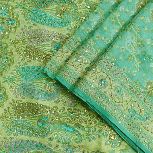 Indian Vintage Green Sari Pure Tussar Silk Hand Embroidered Sarees Craft Fabric 5Yd Sewing Ethnic Sequins Dress making Crafting Quilting