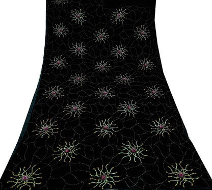 Indian Vintage Sari Black Hand Embroidered Pure Georgette Silk Sarees Craft Fabric 5Yd Sequins Wedding Sarees Quilting Crafting Upcycle