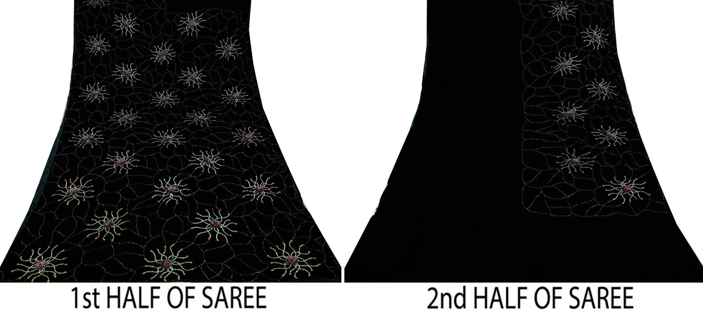 Indian Vintage Sari Black Hand Embroidered Pure Georgette Silk Sarees Craft Fabric 5Yd Sequins Wedding Sarees Quilting Crafting Upcycle