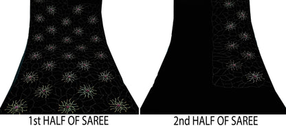 Indian Vintage Sari Black Hand Embroidered Pure Georgette Silk Sarees Craft Fabric 5Yd Sequins Wedding Sarees Quilting Crafting Upcycle