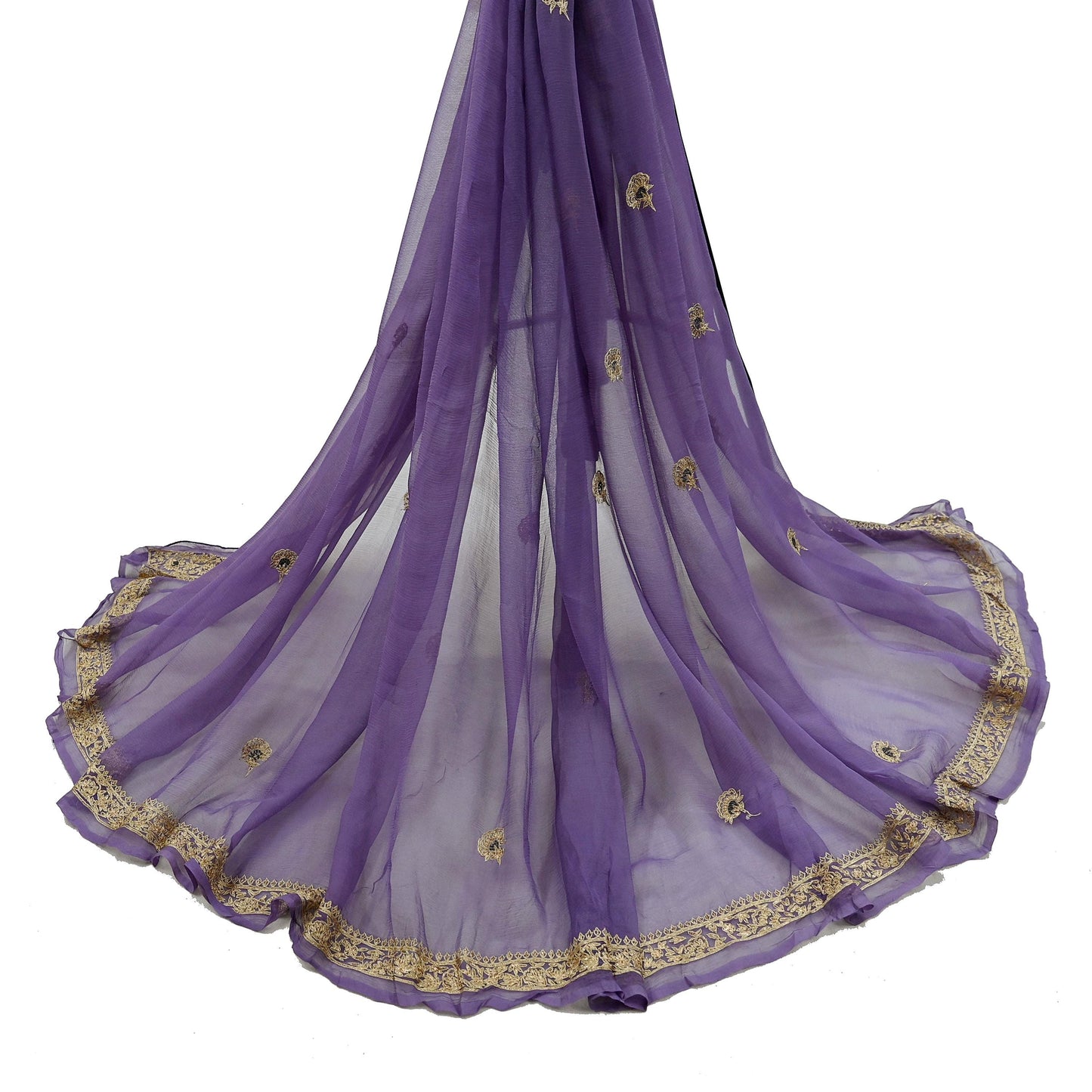 Indian Women Vintage Purple Dupatta Pure Chiffon silk Long Stole Hand Embroidered Hijab Scarves Veil Wrap soft Zari Zardozi