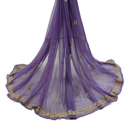 Indian Women Vintage Purple Dupatta Pure Chiffon silk Long Stole Hand Embroidered Hijab Scarves Veil Wrap soft Zari Zardozi
