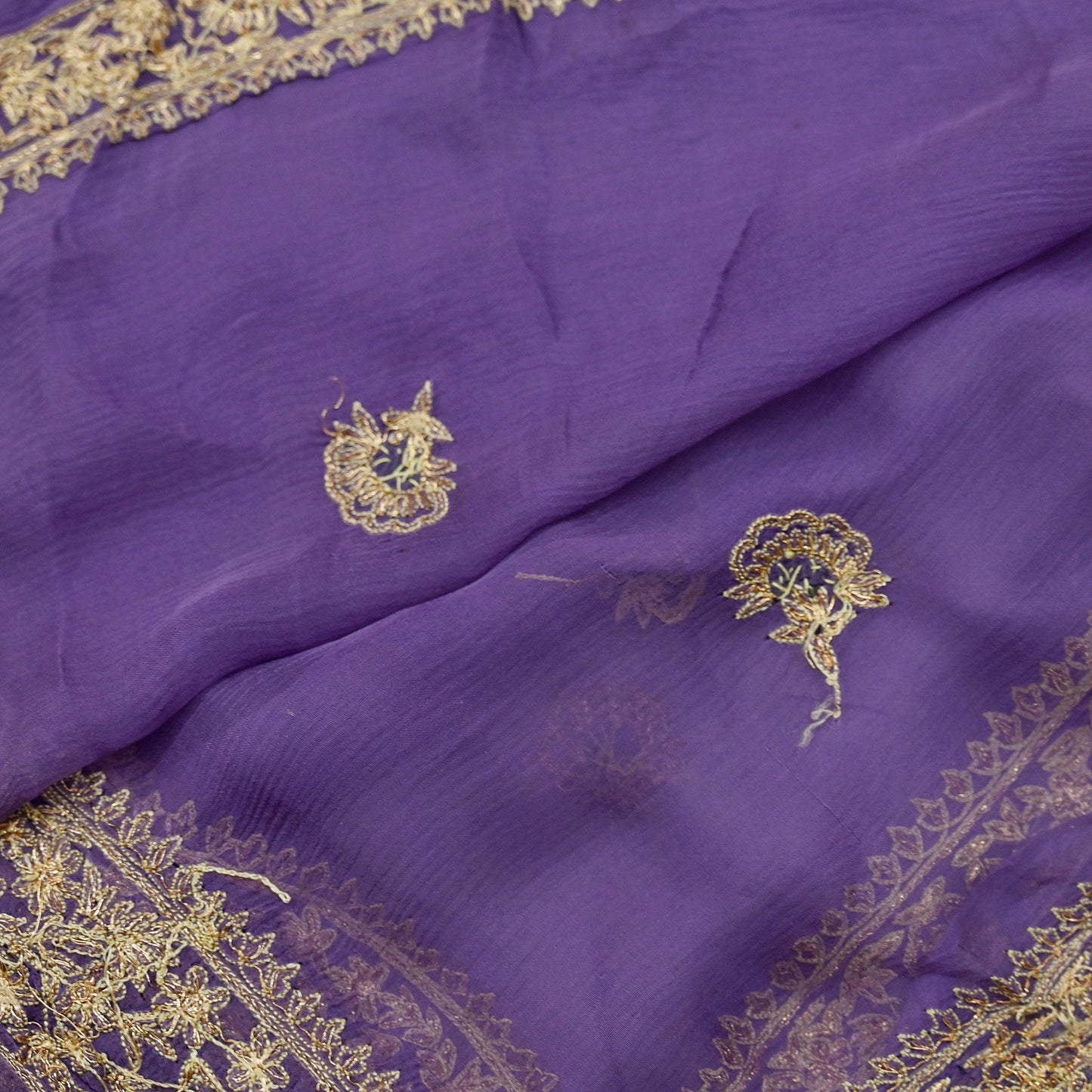 Indian Women Vintage Purple Dupatta Pure Chiffon silk Long Stole Hand Embroidered Hijab Scarves Veil Wrap soft Zari Zardozi