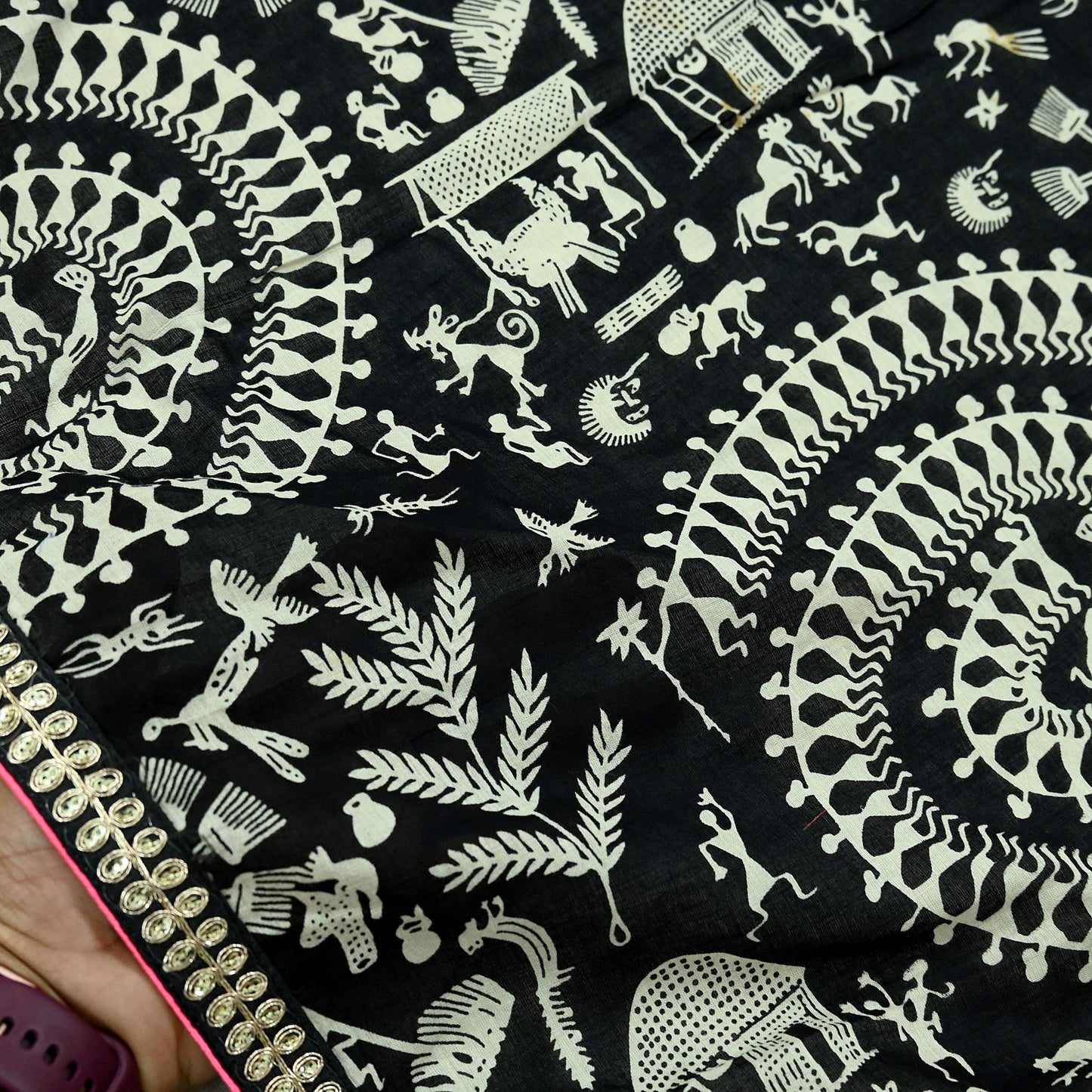 Indian Vintage Black Dupatta Long Stole Embroidered Warli Printed Pure Cotton Scarf Veil Soft Border Work