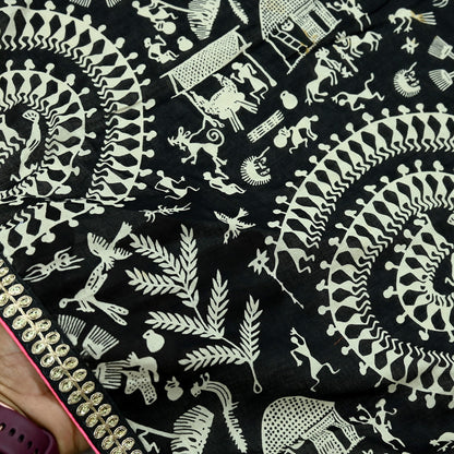 Indian Vintage Black Dupatta Long Stole Embroidered Warli Printed Pure Cotton Scarf Veil Soft Border Work