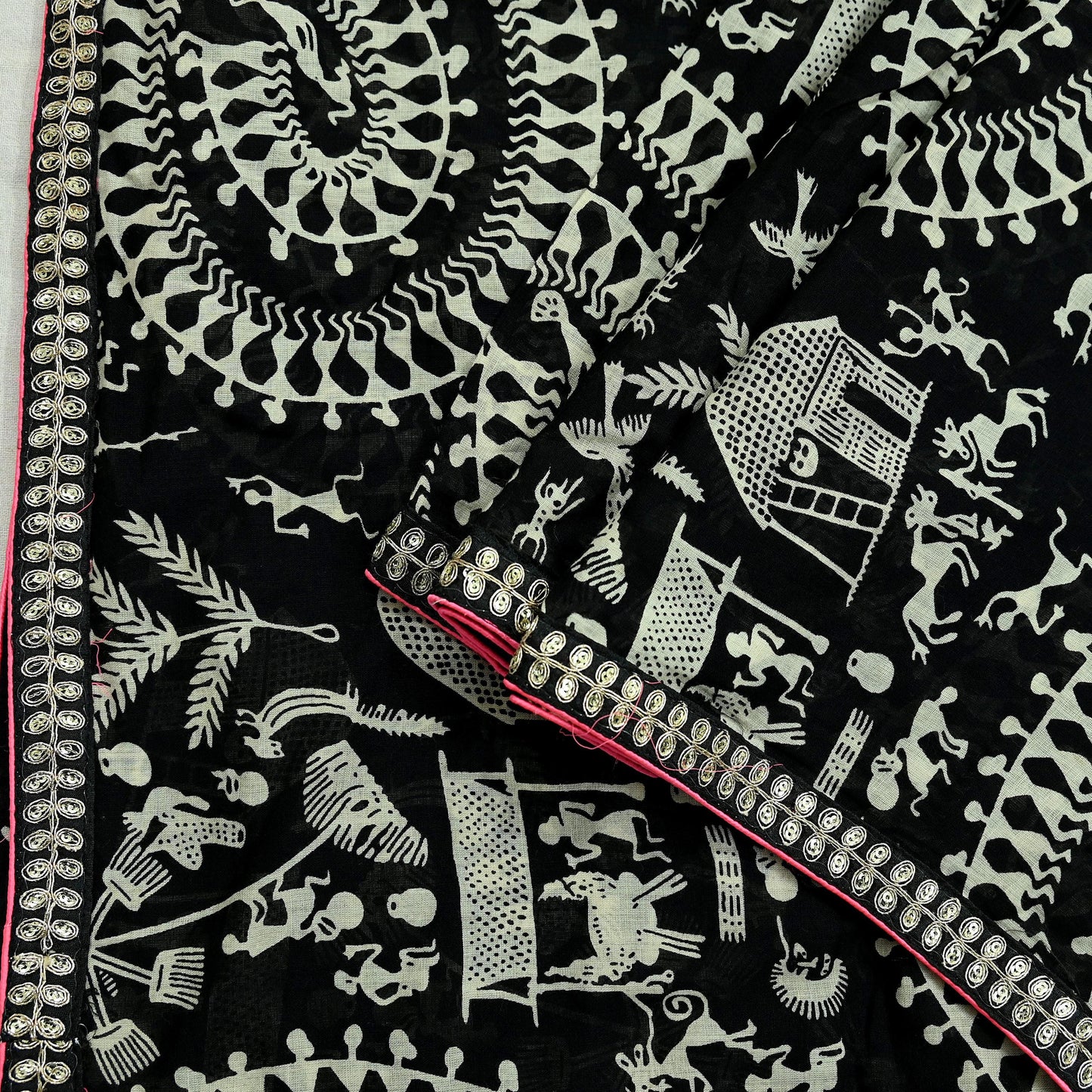 Indian Vintage Black Dupatta Long Stole Embroidered Warli Printed Pure Cotton Scarf Veil Soft Border Work