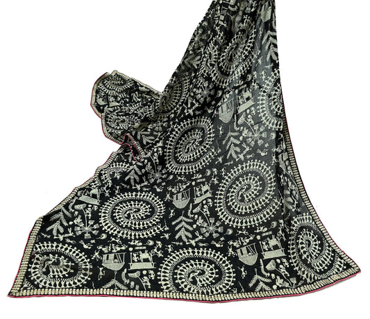 Indian Vintage Black Dupatta Long Stole Embroidered Warli Printed Pure Cotton Scarf Veil Soft Border Work