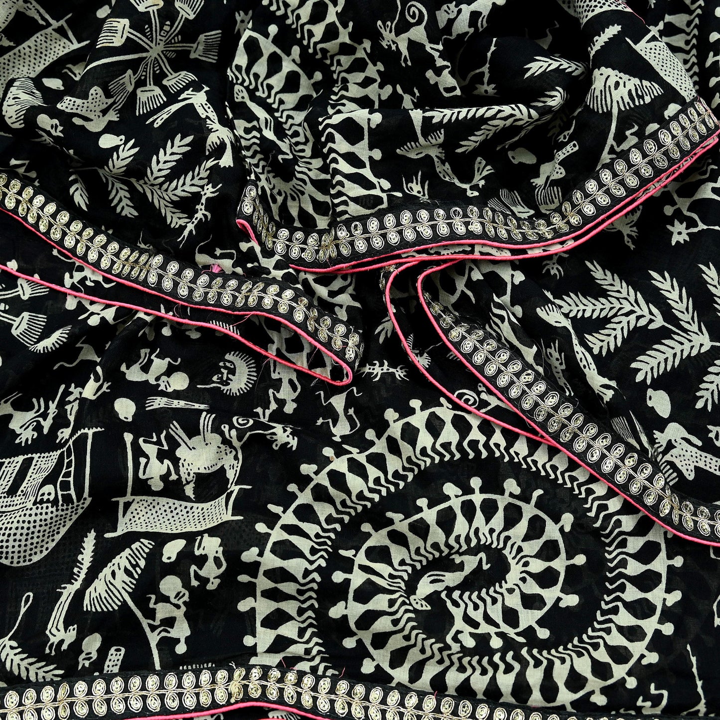 Indian Vintage Black Dupatta Long Stole Embroidered Warli Printed Pure Cotton Scarf Veil Soft Border Work