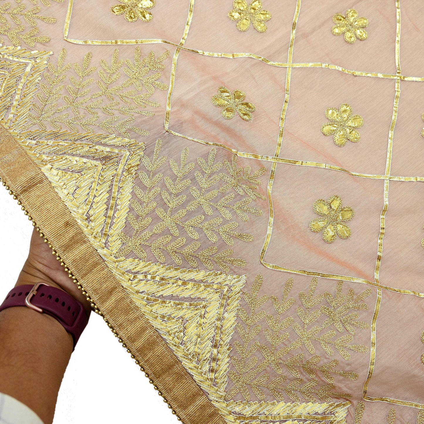 Indian Vintage Dupatta Peach Chanderi Long Stole Hand Embroidered Scarves Veil Zari Sequins
