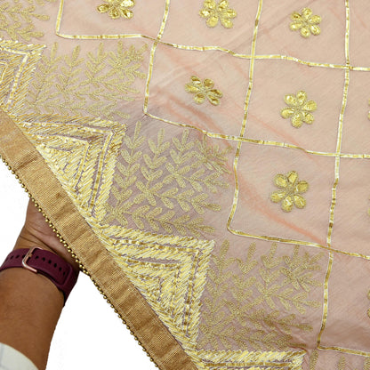 Indian Vintage Dupatta Peach Chanderi Long Stole Hand Embroidered Scarves Veil Zari Sequins