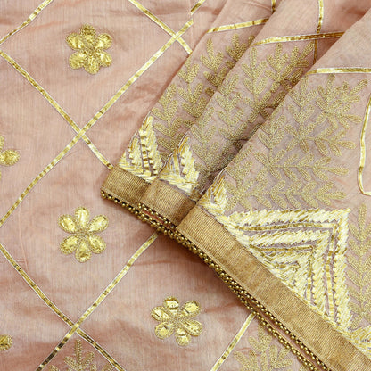 Indian Vintage Dupatta Peach Chanderi Long Stole Hand Embroidered Scarves Veil Zari Sequins