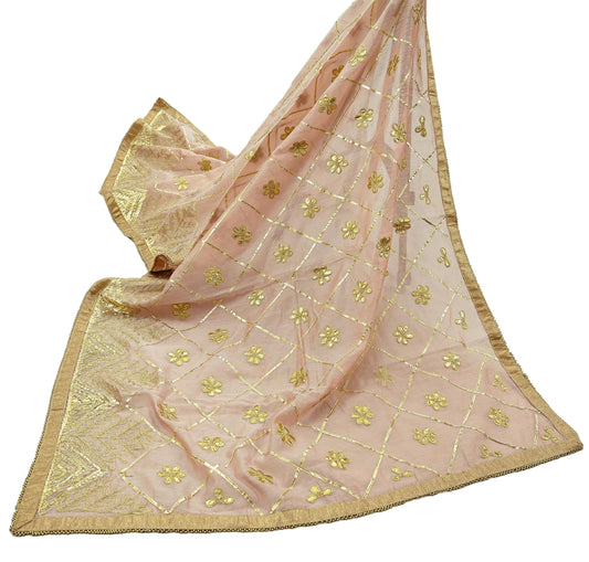 Indian Vintage Dupatta Peach Chanderi Long Stole Hand Embroidered Scarves Veil Zari Sequins