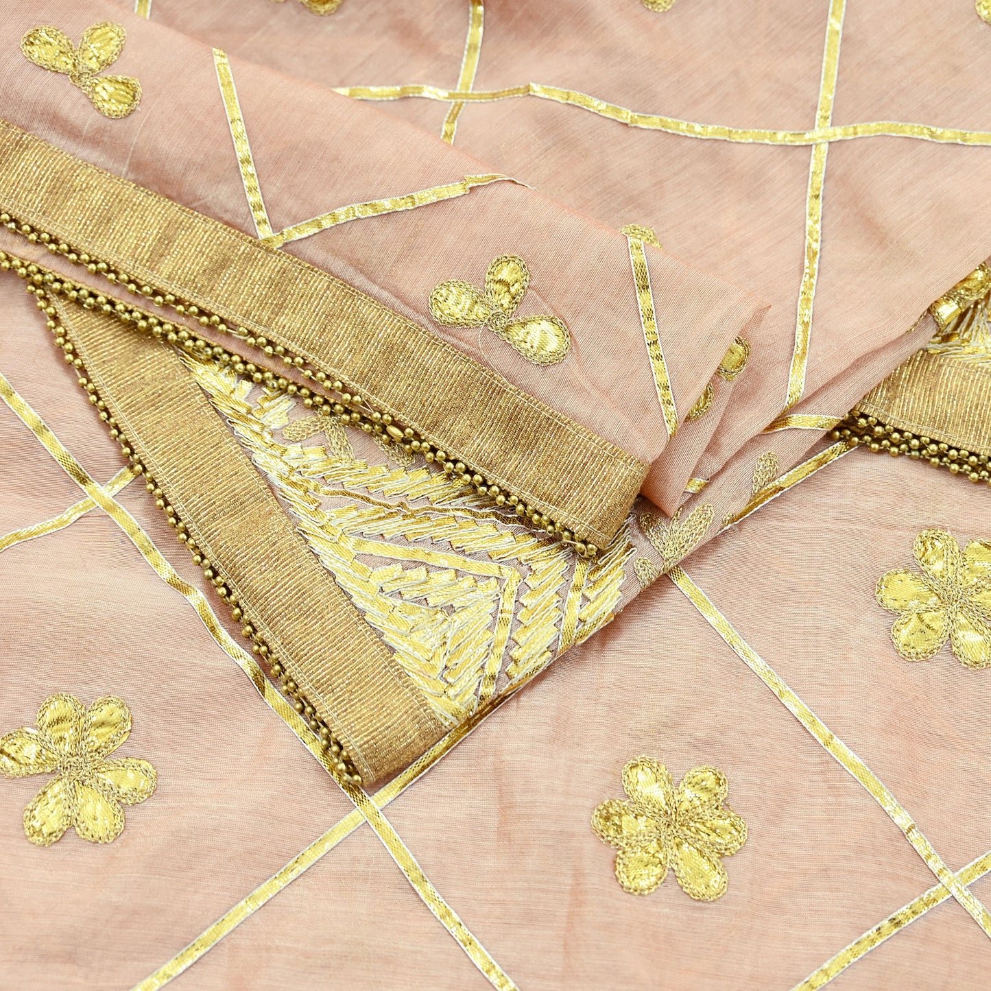 Indian Vintage Dupatta Peach Chanderi Long Stole Hand Embroidered Scarves Veil Zari Sequins