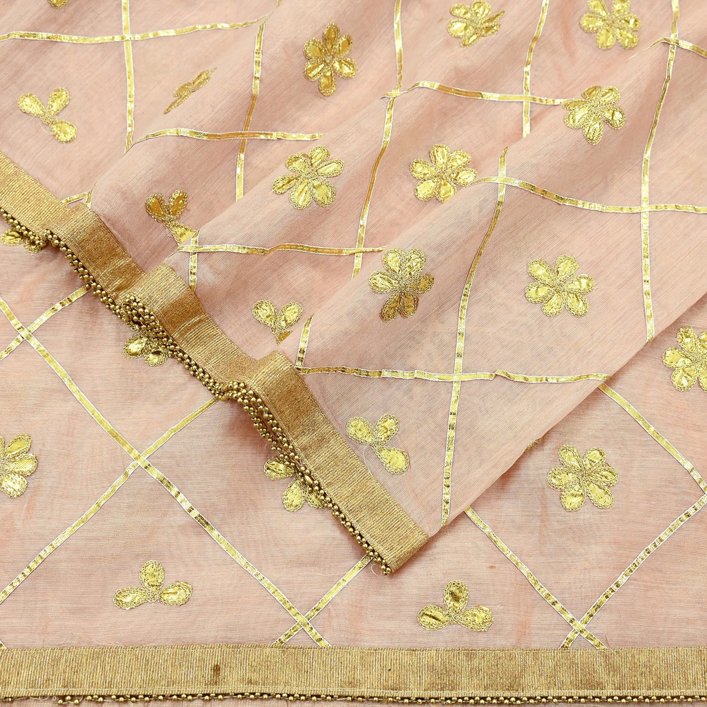 Indian Vintage Dupatta Peach Chanderi Long Stole Hand Embroidered Scarves Veil Zari Sequins