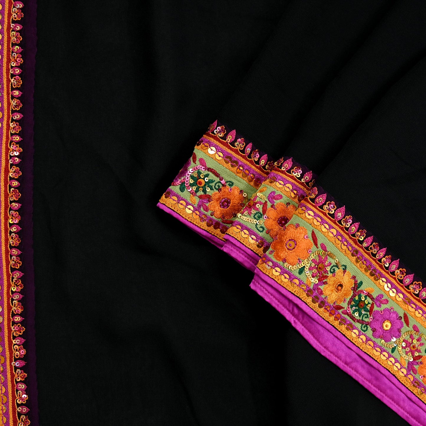 Indian Vintage Dupatta Black Pure Georgette silk Long Stole Embroidered Scarves Veil Wrap Sequins Boho