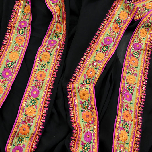 Indian Vintage Dupatta Black Pure Georgette silk Long Stole Embroidered Scarves Veil Wrap Sequins Boho