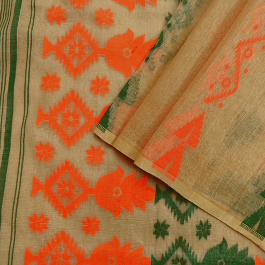 Indian Vintage Sarees Beige Pure Cotton Hand Woven Jamdani Sari 5yd Ethnic Floral Craft Fabric Dress making Upcycle Crafting Quilting