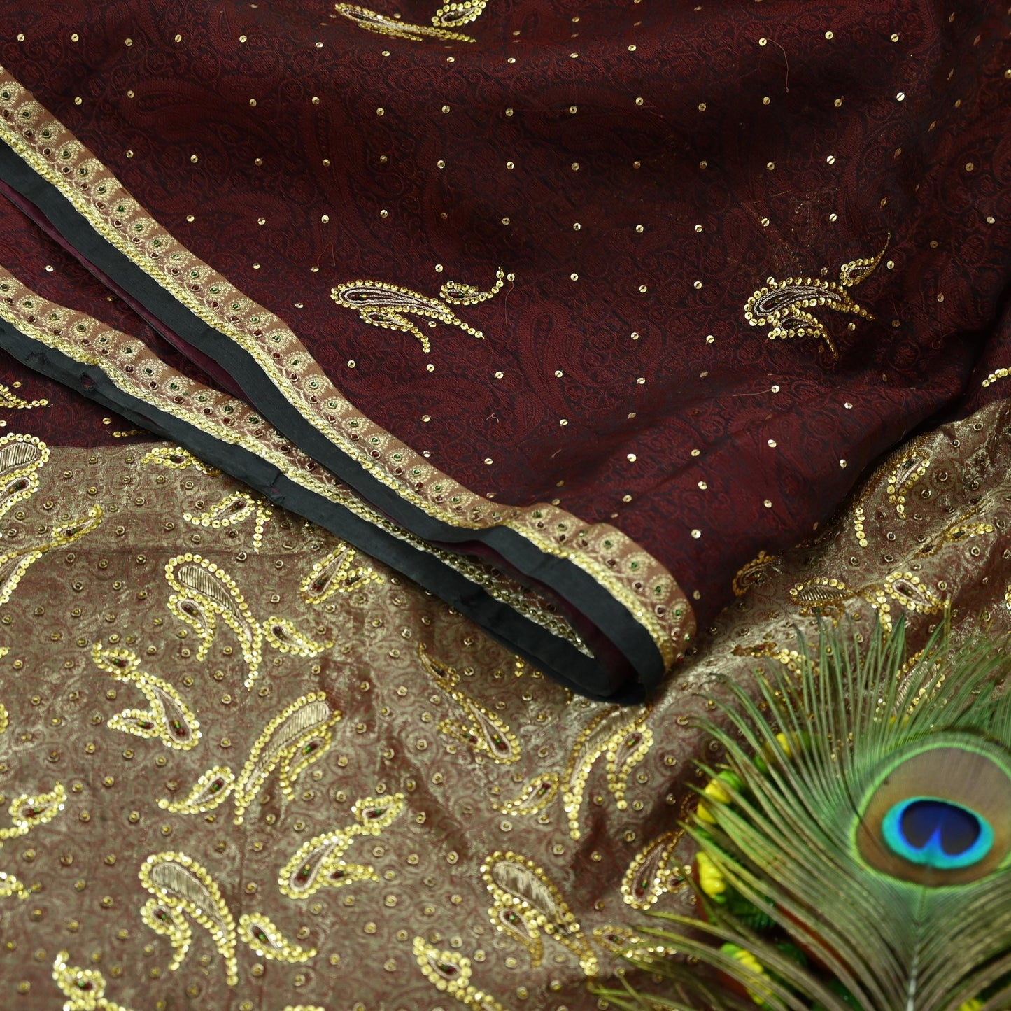 Indian Vintage Sari Black & maroon Hand Embroidered Saree Pure Organza Silk Craft Fabric 5Yd Ethnic Dress Making Crafting Quilting Zardozi