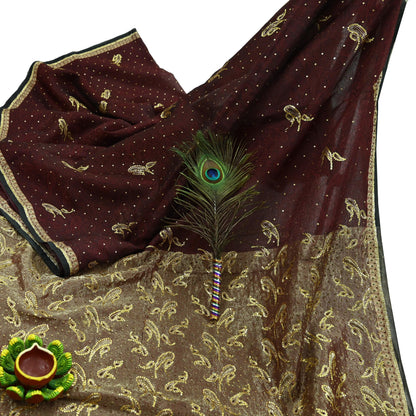 Indian Vintage Sari Black & maroon Hand Embroidered Saree Pure Organza Silk Craft Fabric 5Yd Ethnic Dress Making Crafting Quilting Zardozi