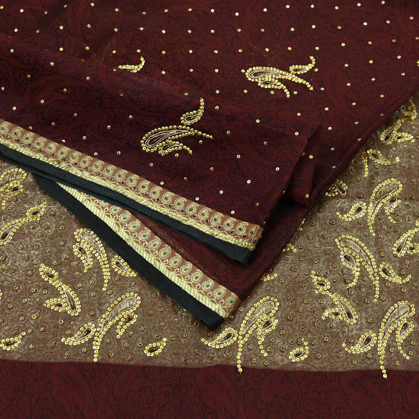Indian Vintage Sari Black & maroon Hand Embroidered Saree Pure Organza Silk Craft Fabric 5Yd Ethnic Dress Making Crafting Quilting Zardozi
