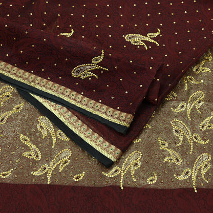 Indian Vintage Sari Black & maroon Hand Embroidered Saree Pure Organza Silk Craft Fabric 5Yd Ethnic Dress Making Crafting Quilting Zardozi