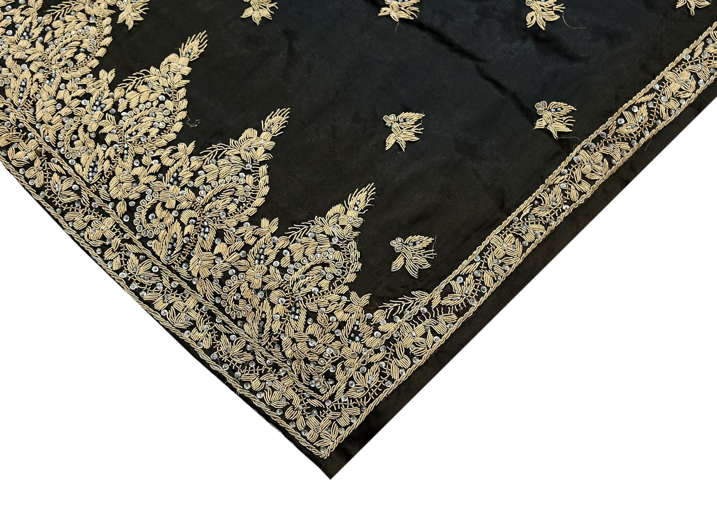 Indian Vintage Heavy Wedding Black & Brown Dupatta Pure Satin Silk Long Stole Hand Embroidered Scarves Golden Zardozi Veil