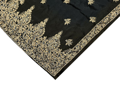Indian Vintage Heavy Wedding Black & Brown Dupatta Pure Satin Silk Long Stole Hand Embroidered Scarves Golden Zardozi Veil