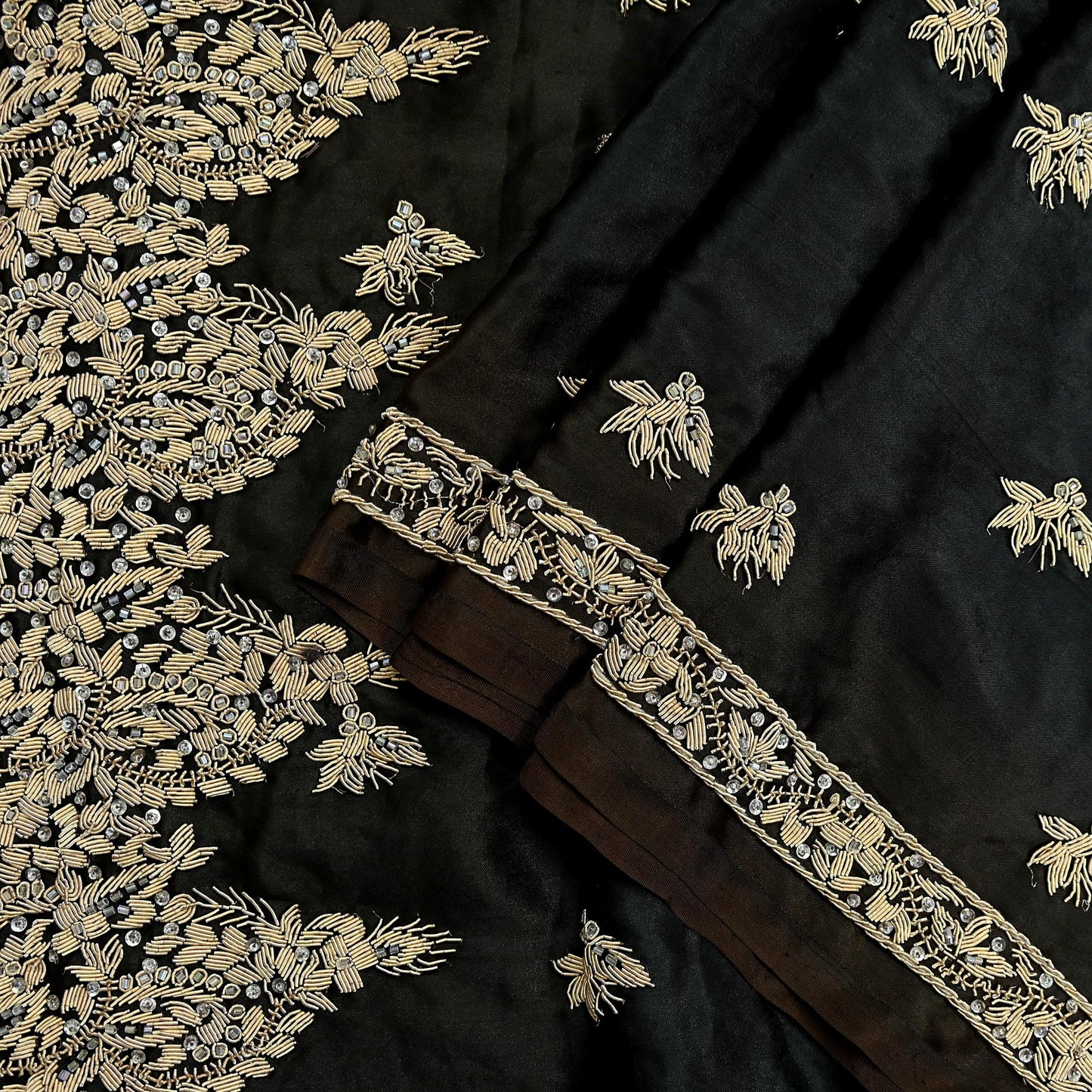 Indian Vintage Heavy Wedding Black & Brown Dupatta Pure Satin Silk Long Stole Hand Embroidered Scarves Golden Zardozi Veil