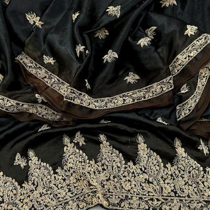Indian Vintage Heavy Wedding Black & Brown Dupatta Pure Satin Silk Long Stole Hand Embroidered Scarves Golden Zardozi Veil