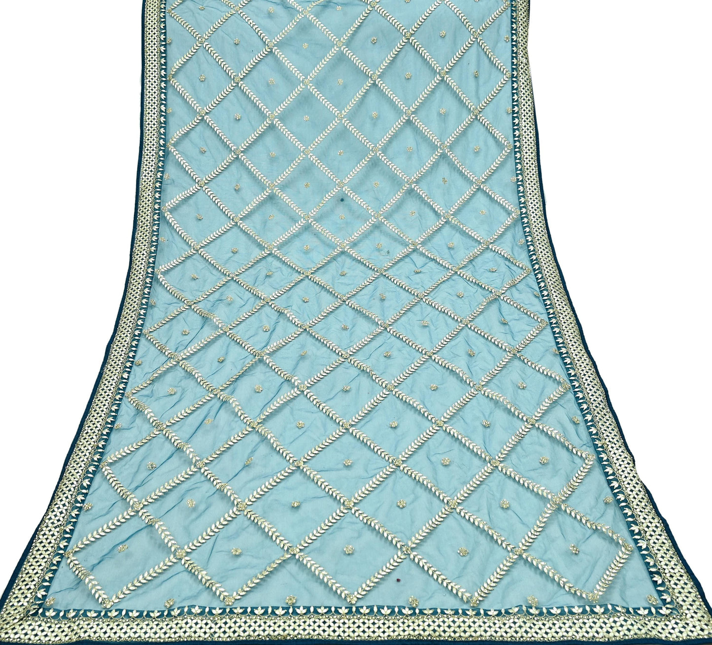 Indian Pre-owned Heavy Dupatta Blue Net Long Stole Hand Embroidered By Designer Abu Jani Scarves Bridal Veil