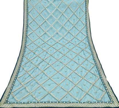 Indian Pre-owned Heavy Dupatta Blue Net Long Stole Hand Embroidered By Designer Abu Jani Scarves Bridal Veil