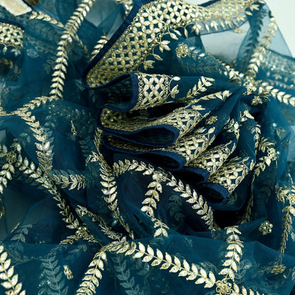 Indian Pre-owned Heavy Dupatta Blue Net Long Stole Hand Embroidered By Designer Abu Jani Scarves Bridal Veil