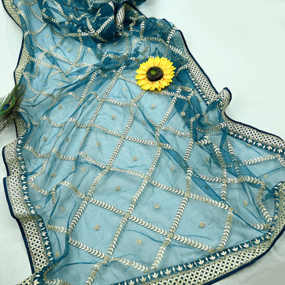 Indian Pre-owned Heavy Dupatta Blue Net Long Stole Hand Embroidered By Designer Abu Jani Scarves Bridal Veil