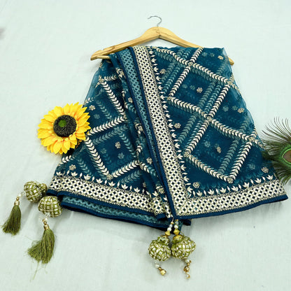 Indian Pre-owned Heavy Dupatta Blue Net Long Stole Hand Embroidered By Designer Abu Jani Scarves Bridal Veil