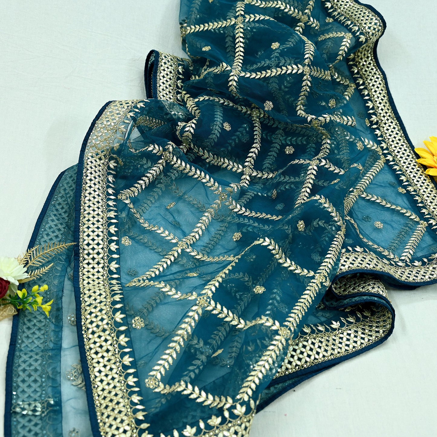 Indian Pre-owned Heavy Dupatta Blue Net Long Stole Hand Embroidered By Designer Abu Jani Scarves Bridal Veil