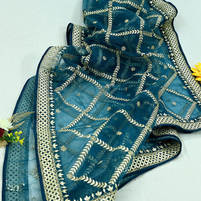 Indian Pre-owned Heavy Dupatta Blue Net Long Stole Hand Embroidered By Designer Abu Jani Scarves Bridal Veil